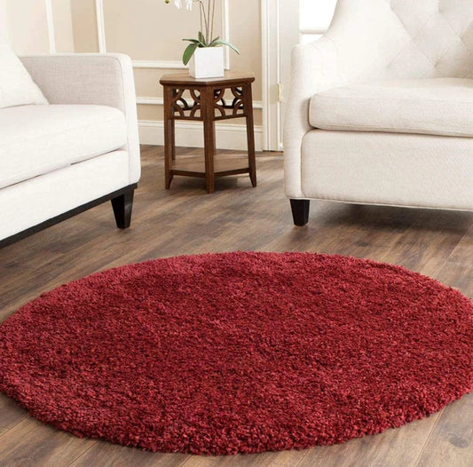 Premium Maroon Handcrafted Round Solid Microfiber Plush Anti Skid Shaggy Carpet