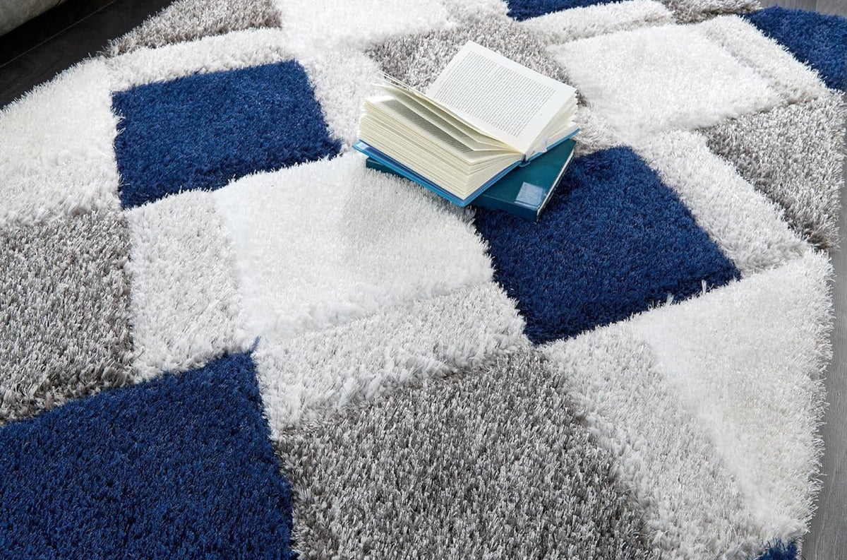 Blue & White Geometric Shaggy Carpet – Ultra Soft Handcrafted Microfiber Rug