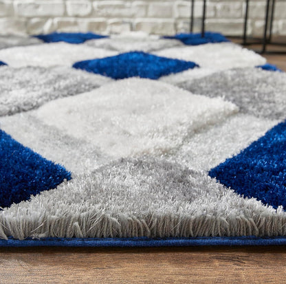 Blue & White Geometric Shaggy Carpet – Ultra Soft Handcrafted Microfiber Rug