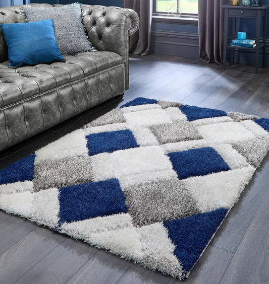 Premium Handcrafted Blue & White Shaggy Carpet