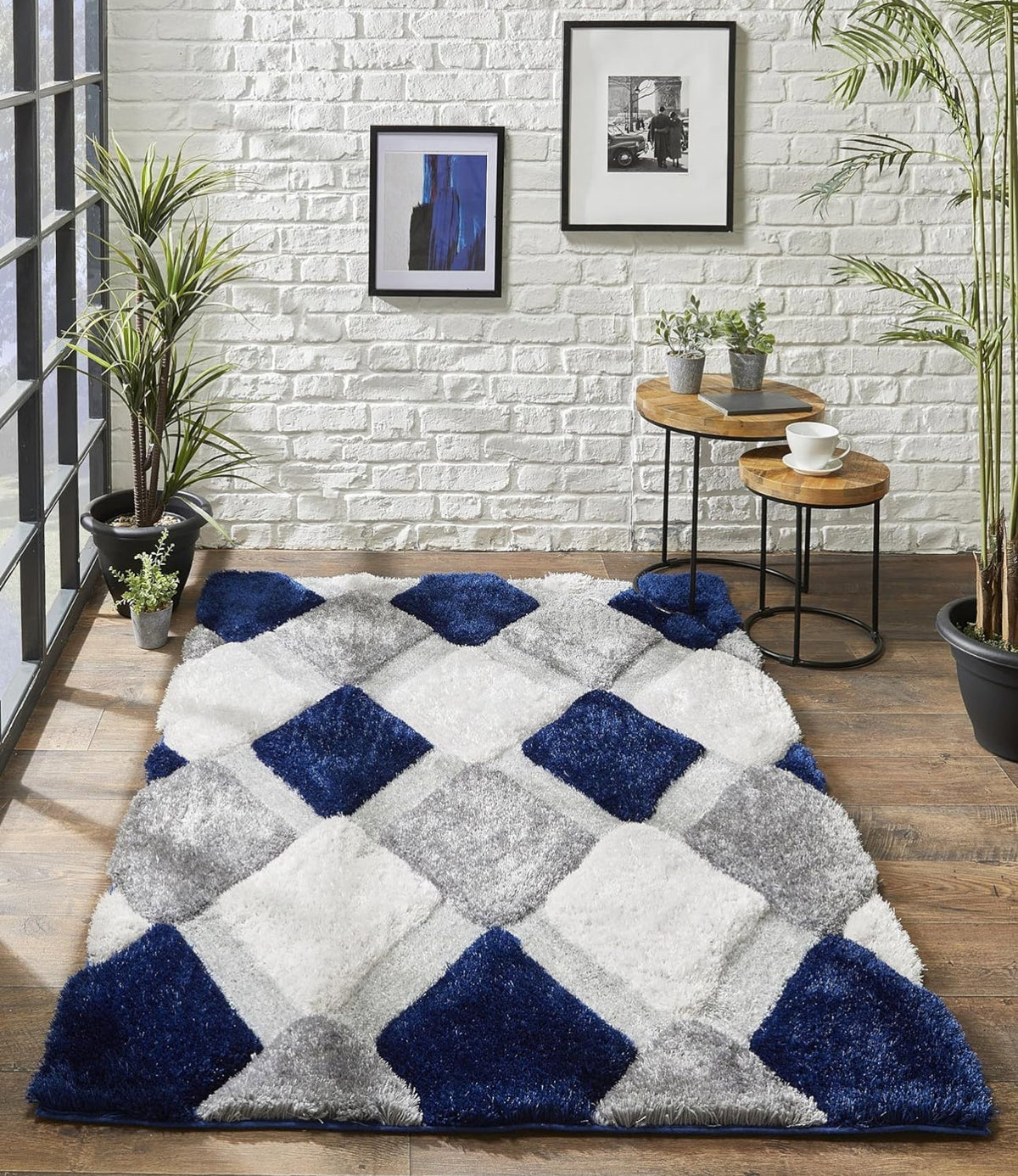 Blue & White Geometric Shaggy Carpet – Ultra Soft Handcrafted Microfiber Rug