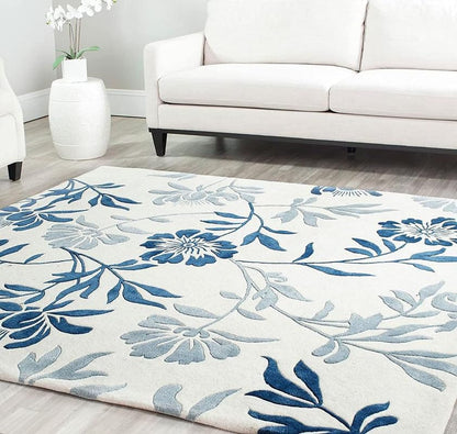Blue & White Floral Hand-Tufted Wool Rug – Elegant Handmade Designer Carpet