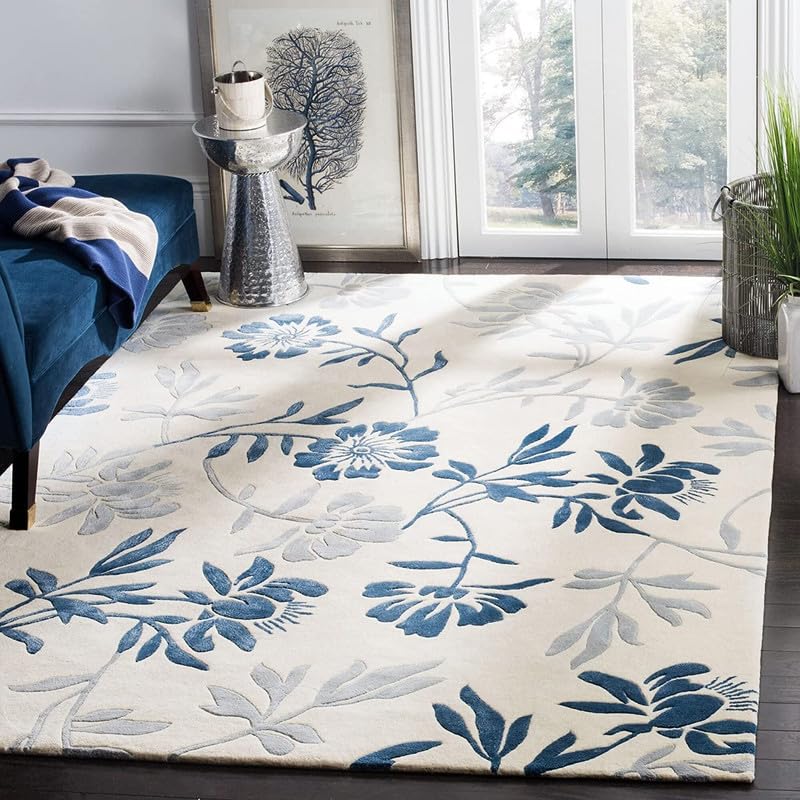 Blue & White Floral Hand-Tufted Wool Rug – Elegant Handmade Designer Carpet
