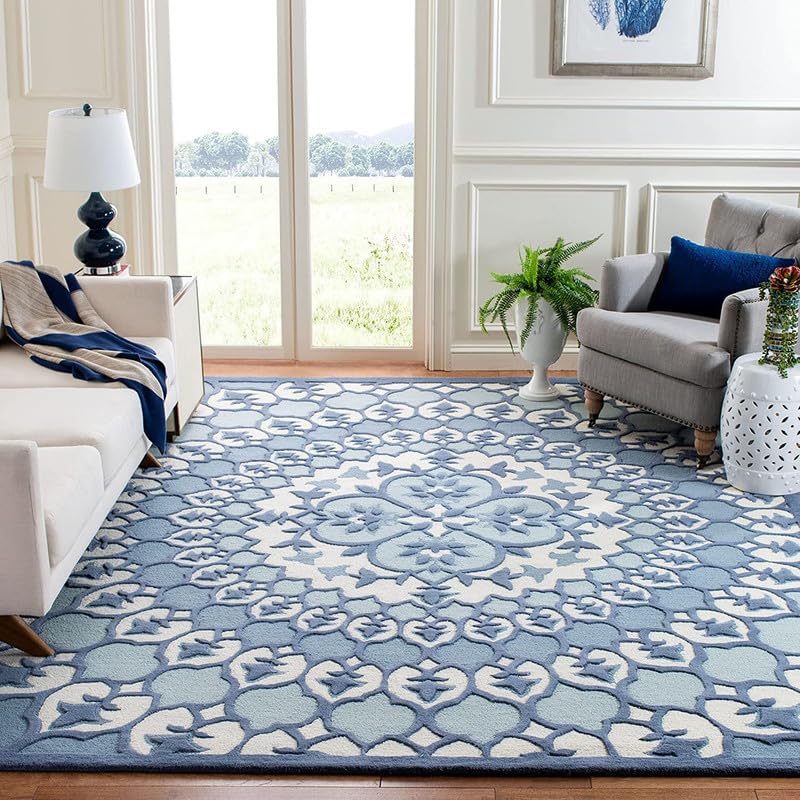 Blue Floral High-Low Pile Hand-Tufted Wool Carpet – Premium Designer Rug