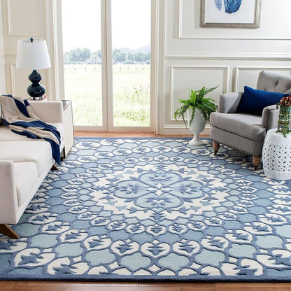 Blue Floral High-Low Pile Hand-Tufted Wool Carpet – Premium Designer Rug