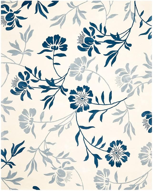 Blue & White Floral Hand-Tufted Wool Rug – Elegant Handmade Designer Carpet