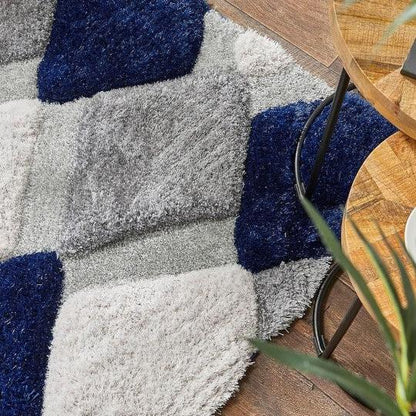 Blue & White Geometric Shaggy Carpet – Ultra Soft Handcrafted Microfiber Rug