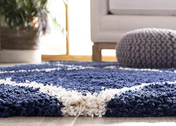 Blue & Ivory Diamond Trellis Shaggy Carpet – Super Soft Handcrafted Microfiber Rug