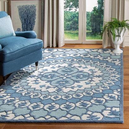 Blue Floral High-Low Pile Hand-Tufted Wool Carpet – Premium Designer Rug