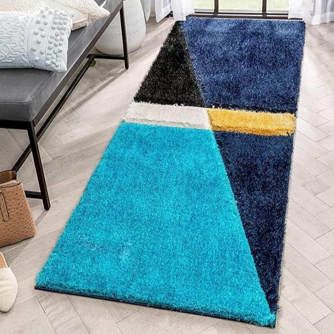 Aqua Blue Compass Geometric Shaggy Carpet – Super Soft & Anti-Skid