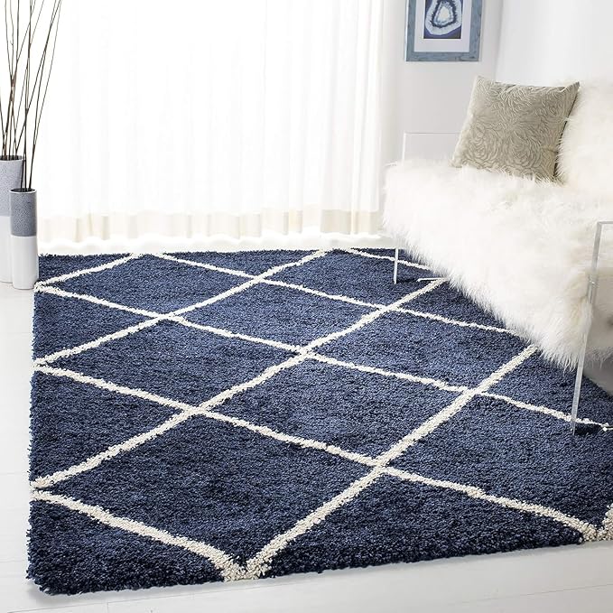 Blue & Ivory Diamond Trellis Shaggy Carpet – Super Soft Handcrafted Microfiber Rug