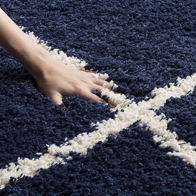 Blue & Ivory Diamond Trellis Shaggy Carpet – Super Soft Handcrafted Microfiber Rug