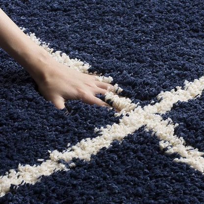 Blue & Ivory Diamond Trellis Shaggy Carpet – Super Soft Handcrafted Microfiber Rug
