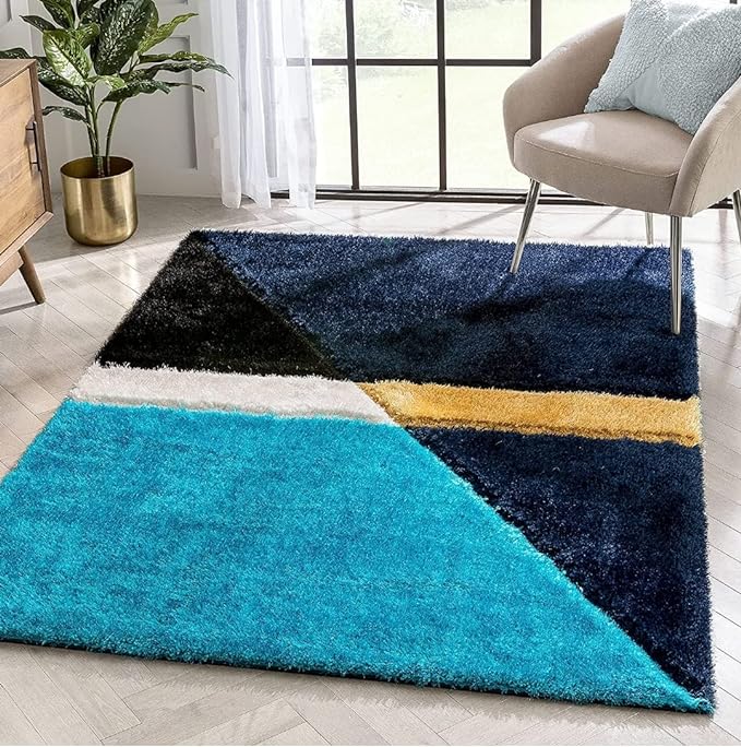 Aqua Blue Compass Geometric Shaggy Carpet – Super Soft & Anti-Skid