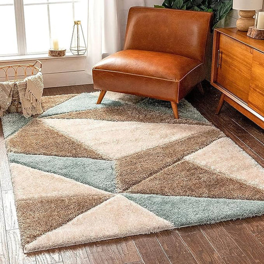 Handcrafted Brown & Blue Geometric Carpet