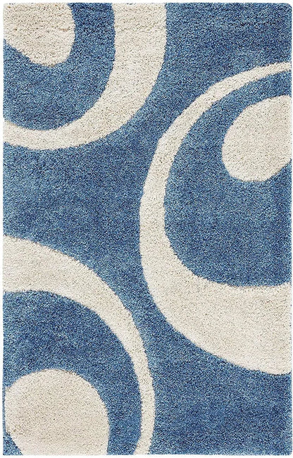 Blue & White Geometric Shaggy Carpet – Super Soft Handwoven Microfiber Rug