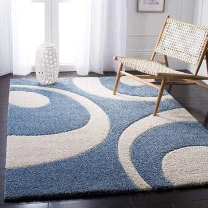 Blue & White Geometric Shaggy Carpet – Super Soft Handwoven Microfiber Rug