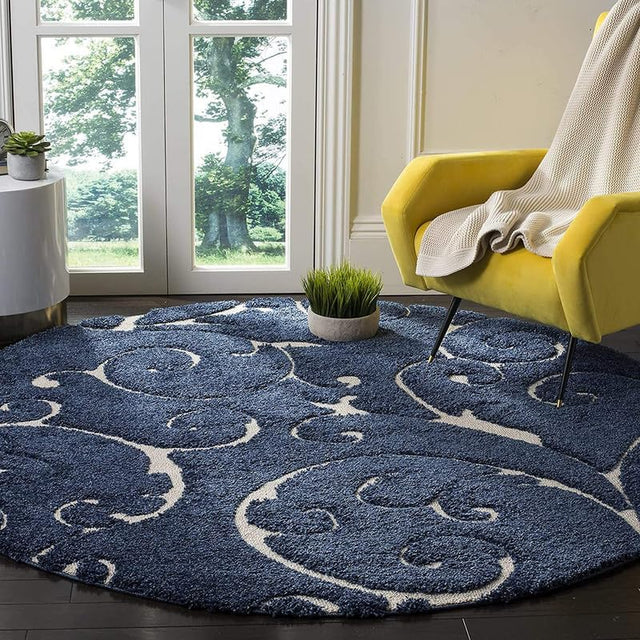 Premium Round Floral Teal Blue & White Shaggy Carpet