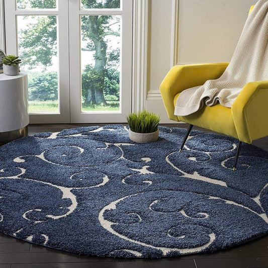 Premium Round Floral Teal Blue & White Shaggy Carpet